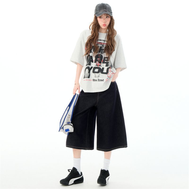 American High Street Style Retro Wide-Leg Jeans for Women 2025 Summer Fashionable New Petite Design Cropped Pants