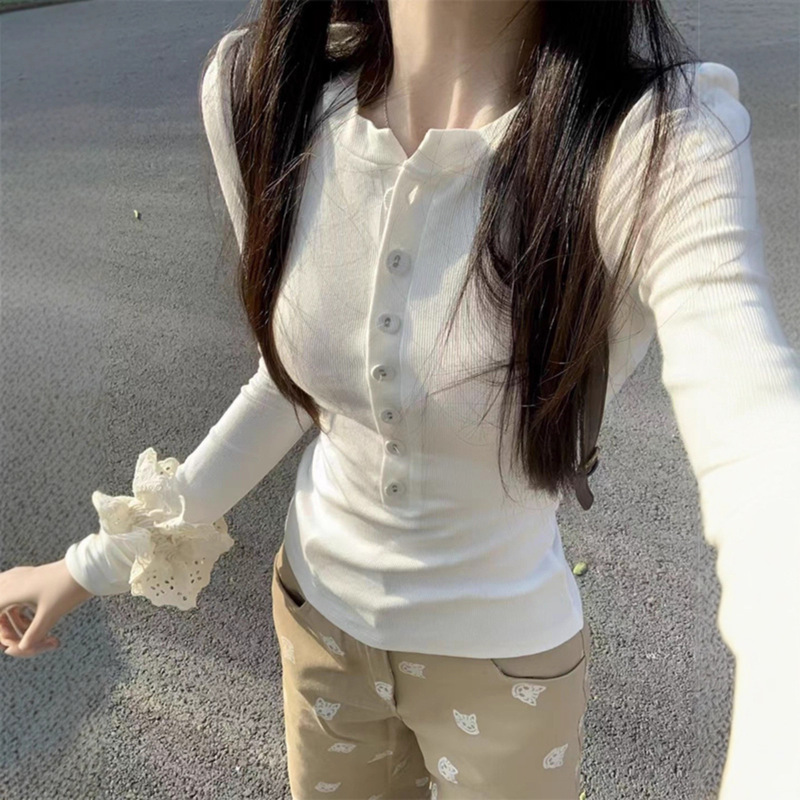 设计感小众纽扣棉长袖T恤女秋季内搭短款打底衫辣妹修身上衣|undefined