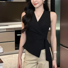韩系新款黑色巨好看的无袖上衣高级感女夏季法式绑带收腰显瘦背心