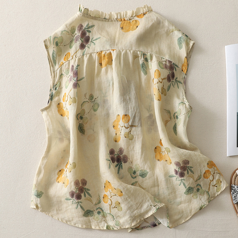 2026 Summer Artistic Style Women's Shirt, Non-Stretch Woven Cotton and Linen with Skull Print, Loose Round Neck, Regular Sleeve Style 2026 Summer Artistic Style Women's Shirt, Non-Stretch Woven Cotton and Linen with Skull Print, Loose Round Neck, Regular Sleeve Style