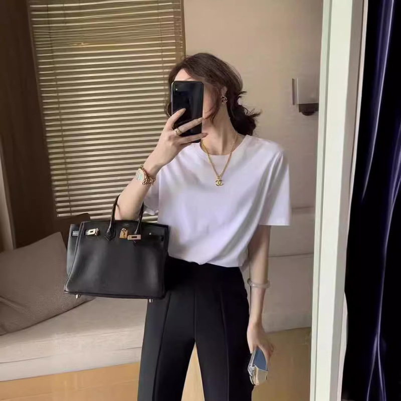 Heavy Weight Cotton White Right Shoulder Short-Sleeved T-Shirt Clothes for Women Summer Loose Inner Bottoming Pure Color Top Ins Wholesale