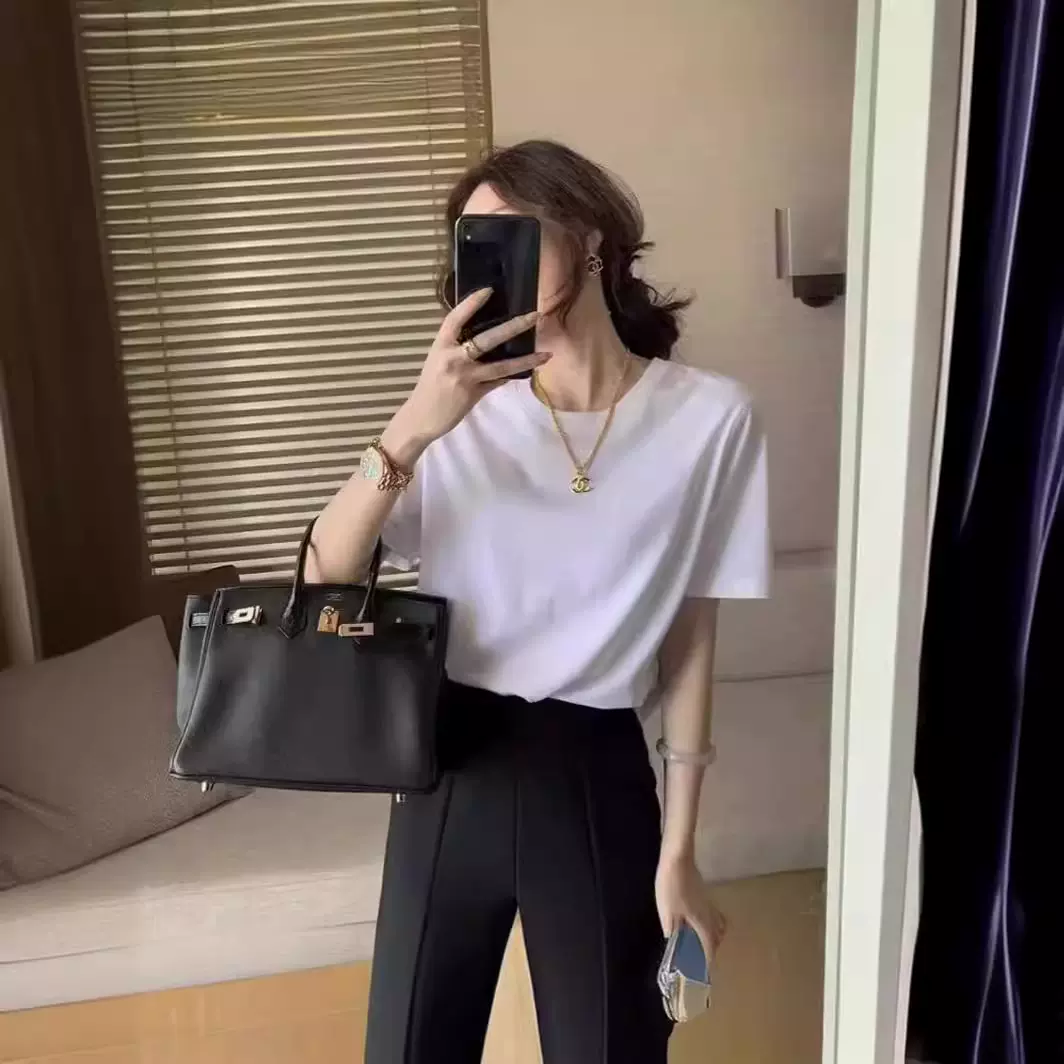 重磅纯棉白色正肩短袖t恤衣服女夏季宽松内搭打底纯色上衣ins批发