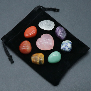 1364-Natural Crystal Colorful Asymmetrical Stones 7 Pink Crystal 30mm Heart Velvet Bag Set Wholesale
