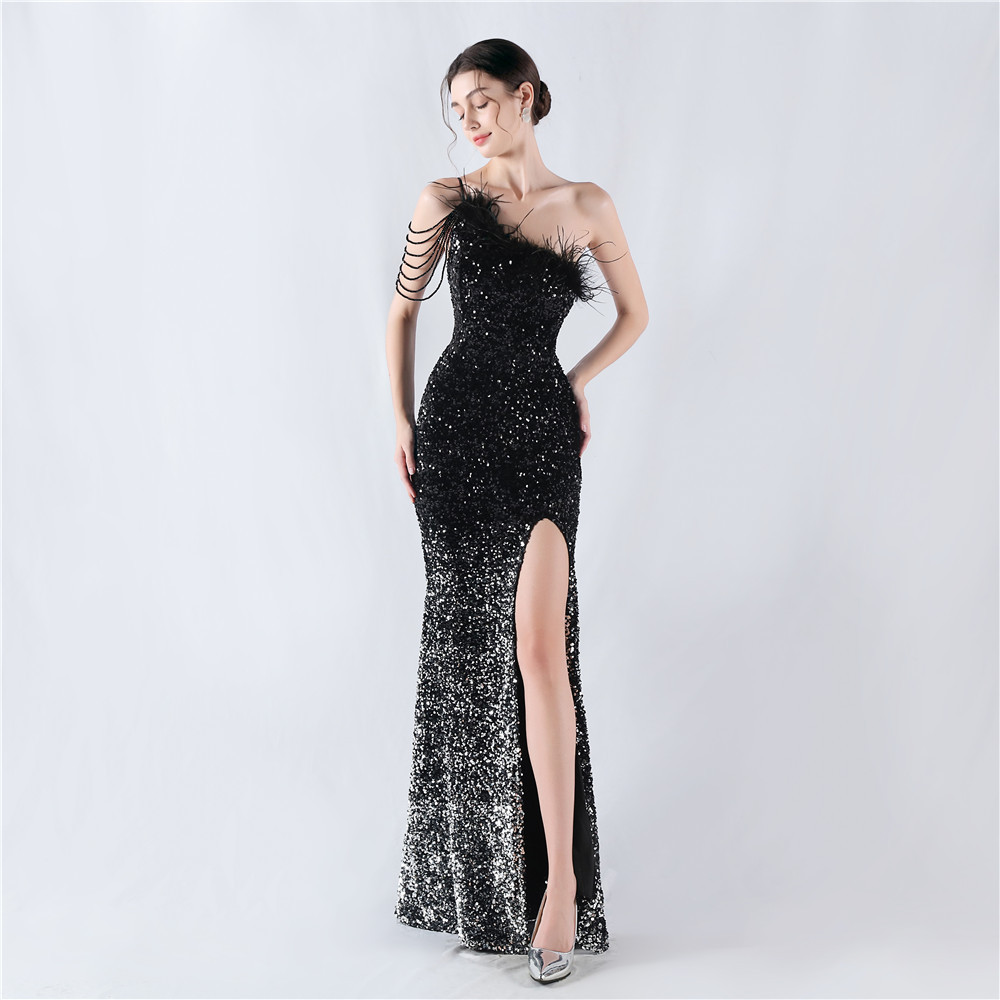 33055# foreign trade new extended ostrich hair nail bead sequins single shoulder oblique collar high fork evening dress