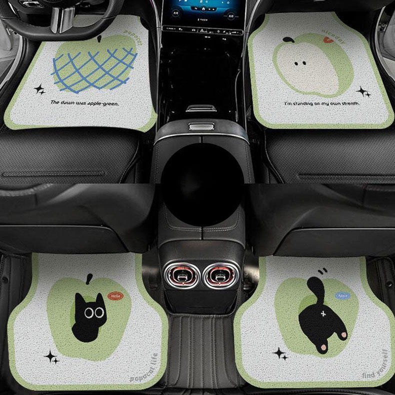 Green Apple Kitten Cartoon Silk Loop Car Floor Mat Cute Mud-Resistant Dirt-Resistant Car Interior Mat Easy to Clean Customizable