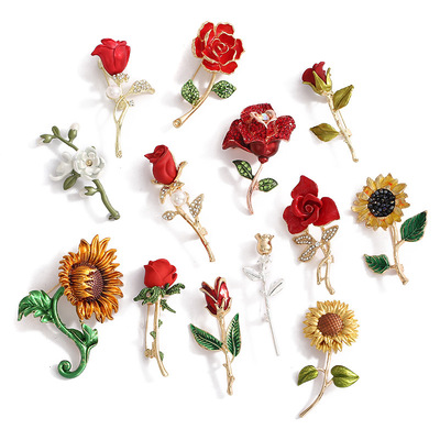 跨境新款玫瑰花朵胸針小香風向日葵花卉合金鑲鑽胸花小衆設計別針