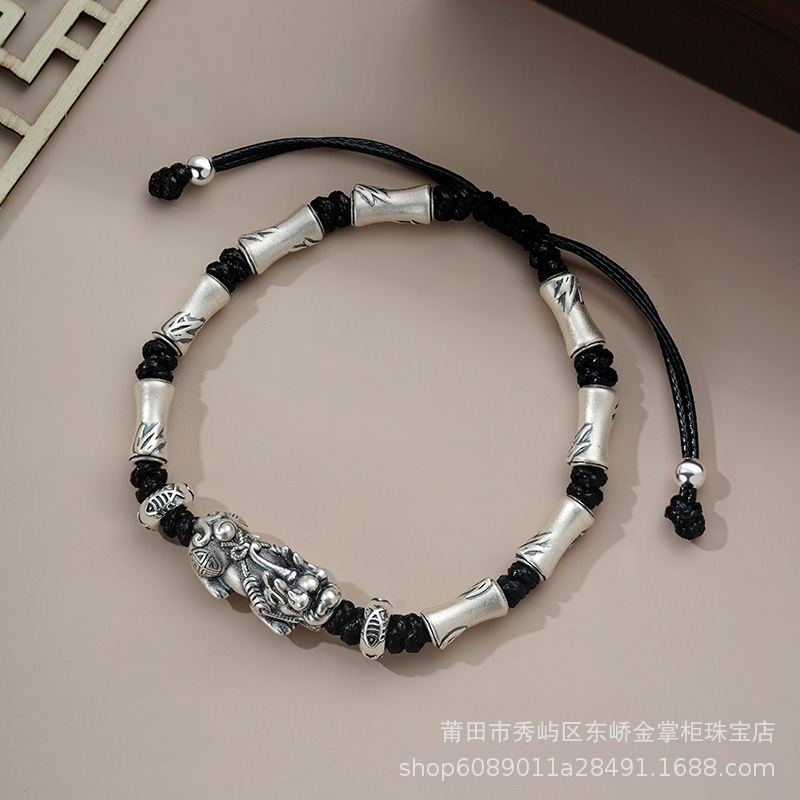 Pure Silver 999 Sterling Silver Bracelet Bamboo Knot Chinese Style Retro Pixiu Bracelet New Chinese Style Good Luck and Blessing Woven Bracelet Wholesale