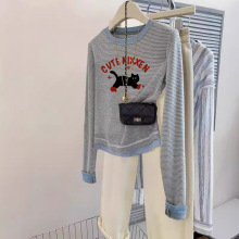 欧货条纹短上衣早秋冬季新爆款纯棉美式chic长袖T恤内搭打底小衫