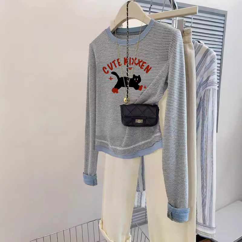 欧货条纹短上衣早秋冬季新爆款纯棉美式chic长袖T恤内搭打底小衫