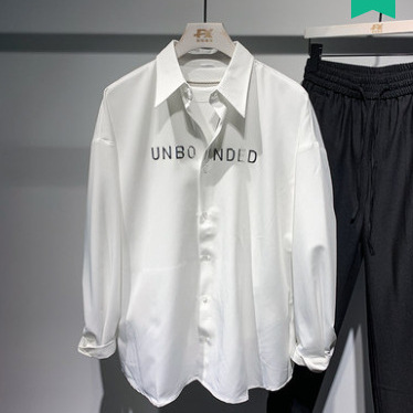 Camisa de seda de hielo negra original de moda para hombres ins moda manga larga primavera y verano estilo Hong Kong herramientas chaqueta casual sin planchar