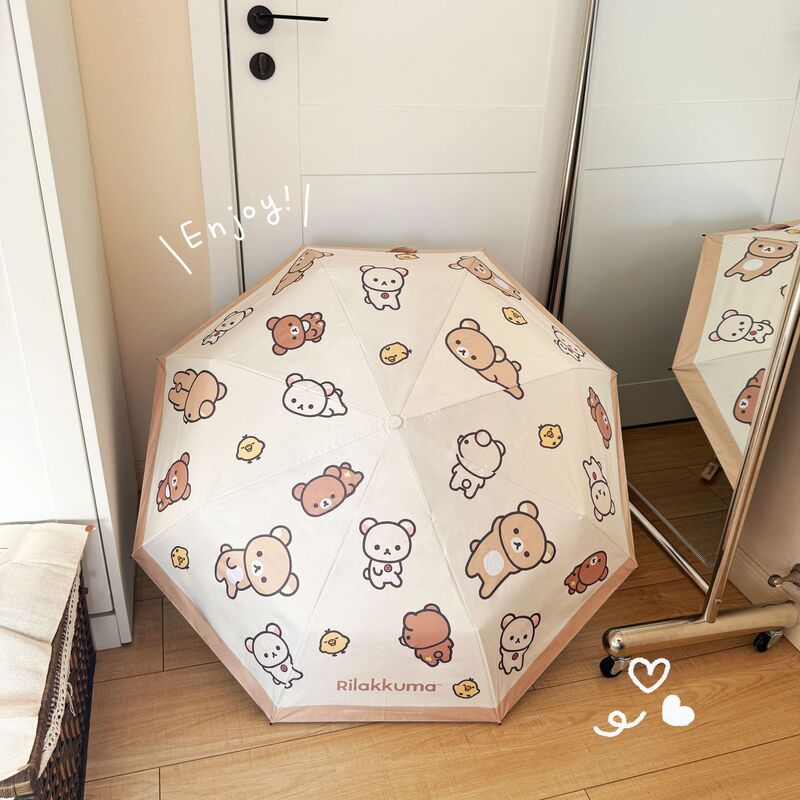In-Stock Rilakkuma Umbrella, Dual-Use for Sun and Rain, Black Coating for Uv Protection, Fully Automatic Folding Sun Umbrella for Women