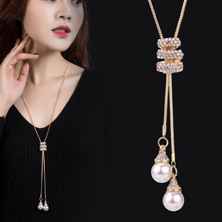 Collar Largo para Suéter con Borla y Perlas de Aleación para Otoño e Invierno