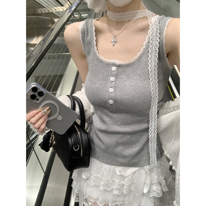 女性用スクエアネックレースボタンベスト2025春夏ピュアデューティBMスリムフィットインナーレイヤリングトップは胸の副乳をカバーします|undefined