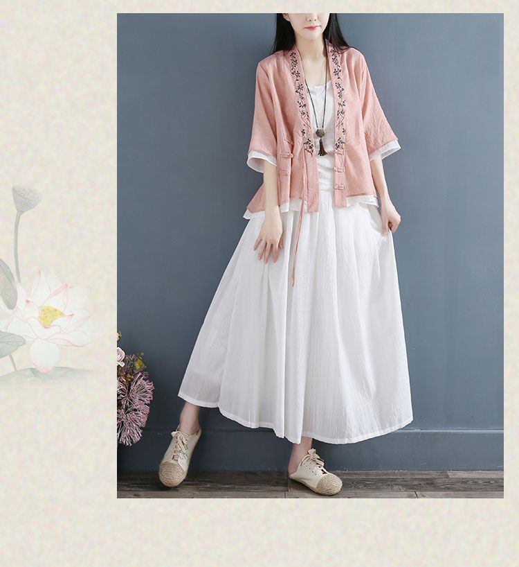 Women's Cotton Linen Embroidered Button Up Cardigan T-shirt_voghion.com