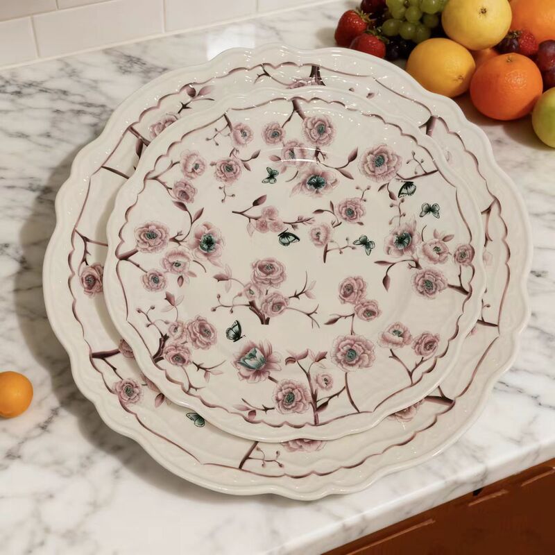 European Retro Floral Ceramic Plate Home Dining Plate Dessert Plate Decorative Plate Set Embossed Dinner Plate