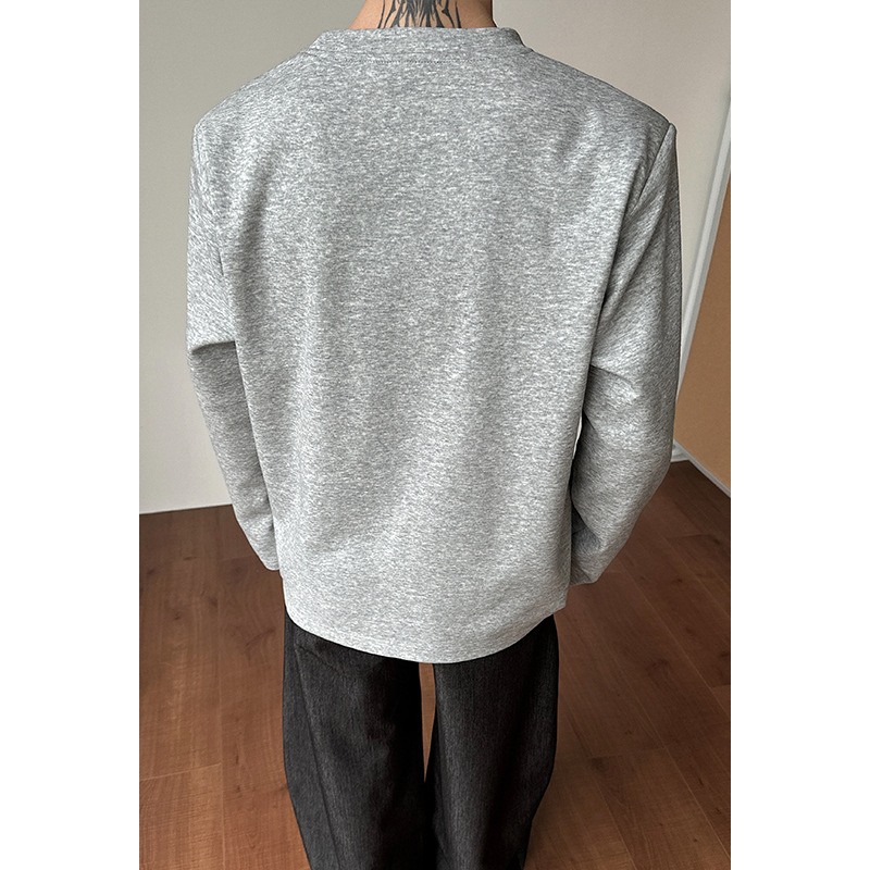 Cleanfit Gray Shoulder-padded Sweatshirt Men, Spring Boxy Heavy-duty Small-neck T-shirt, Suitable For Layering Or_voghion.com