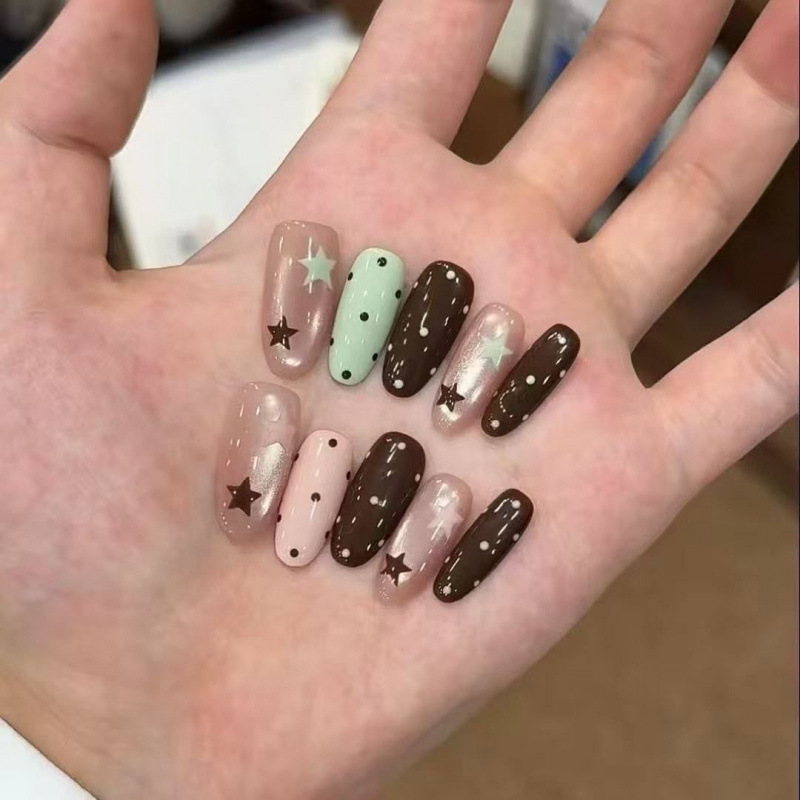 【Starry Party】Pink and Green Girl AB Style Student Daily Versatile Semi-Handmade High-End Wearable Nails