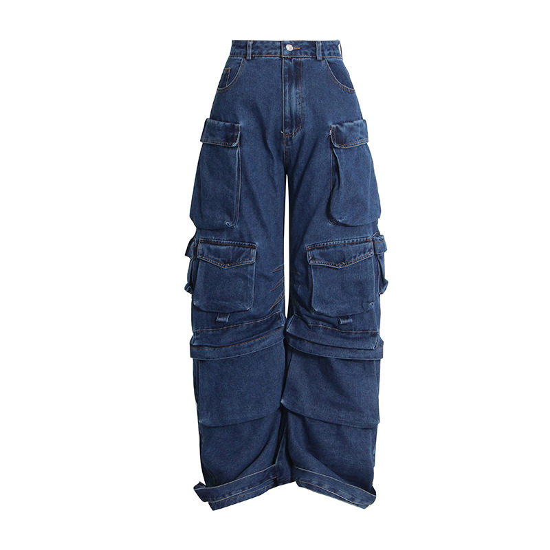 Damenbekleidung Frühling und Herbst Neue Mode Rauchgrau Spleißen Multi Pocket Overalls Street Washed Distressed Lange Hose mit weitem Bein_voghion.com