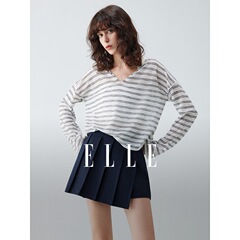 ELLE法式条纹V领休闲针织衫女2025秋新款套头轻薄设计感宽松上衣