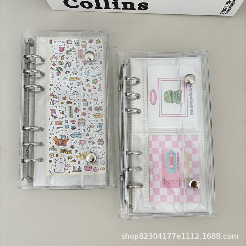 Cross-border extremely narrow Korean style ins narrow A6 loose-leaf shell double-button transparent glitter card book life four-compartment storage