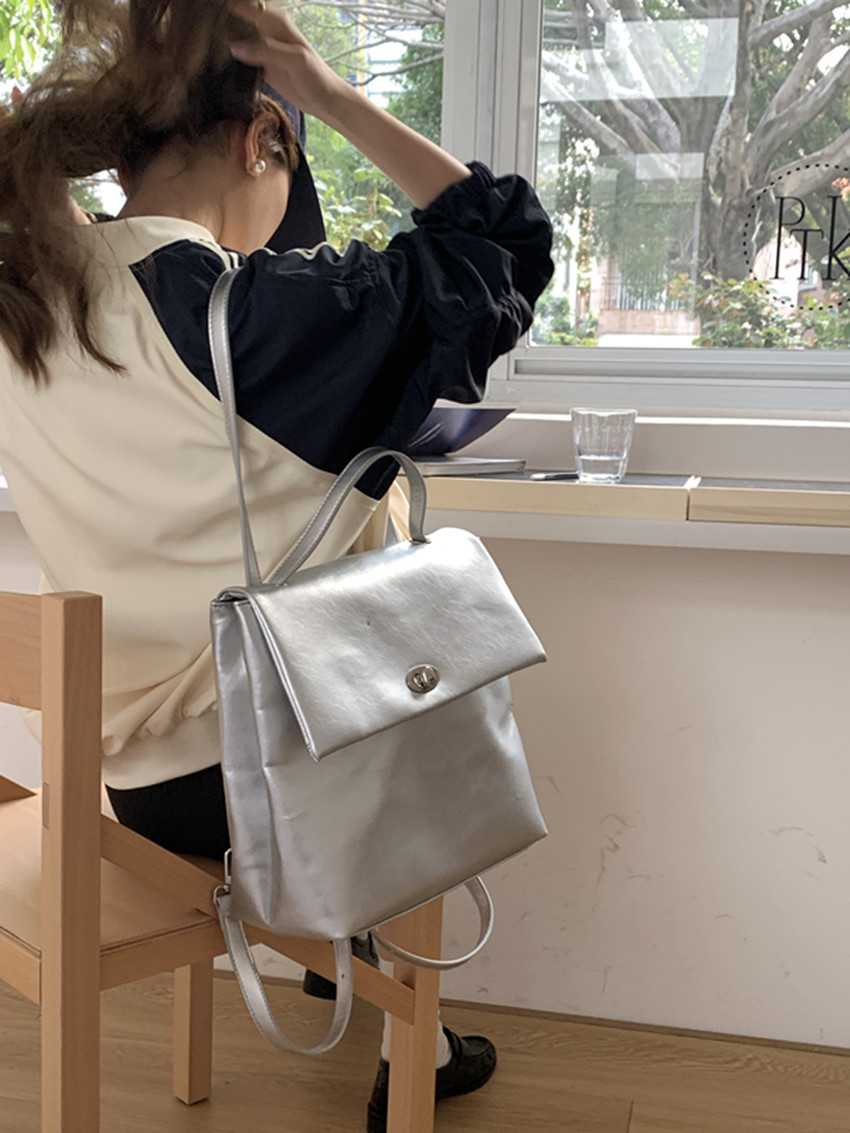 Women's Silver Backpack For College Students Autumn Winter Style_voghion.com