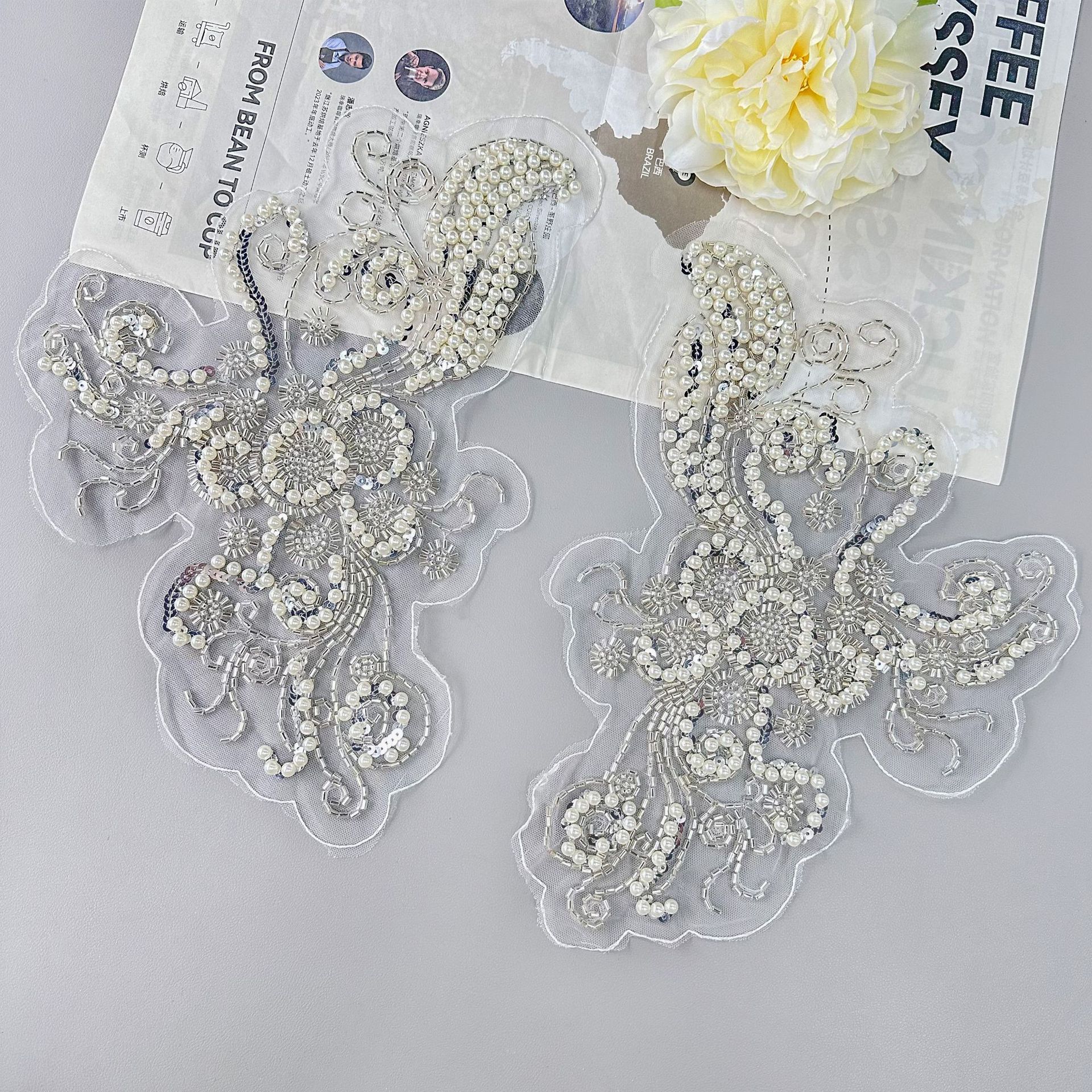 Europa y América industria pesada bordada cuello de perlas flores de tela grande collar de perlas vestido vestido de boda vestido de camisa decoración