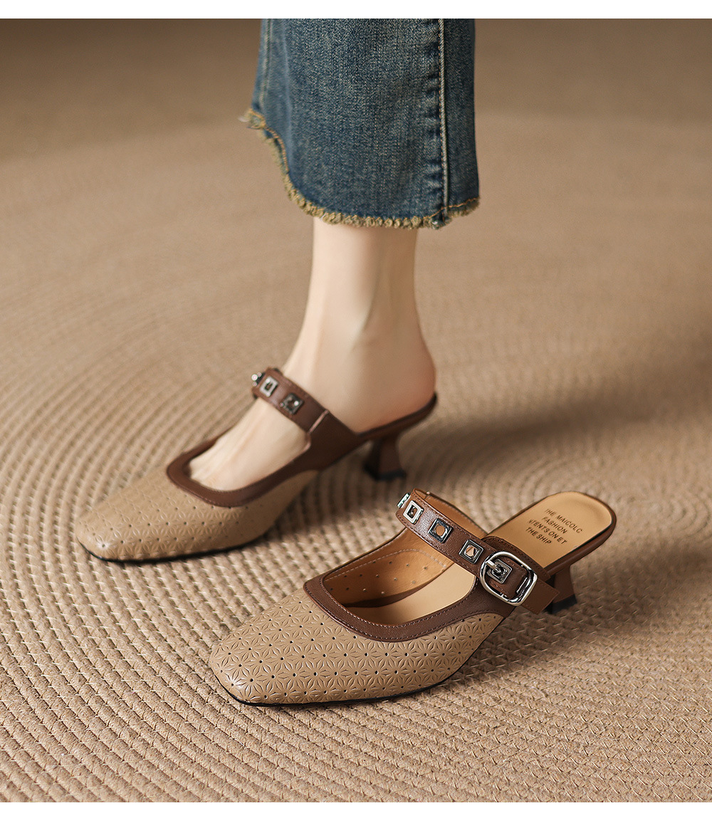 Sandal nữ quai ngang mũi vuông gót 5 cm phối màu — màu trắng ngà chi tiết 16