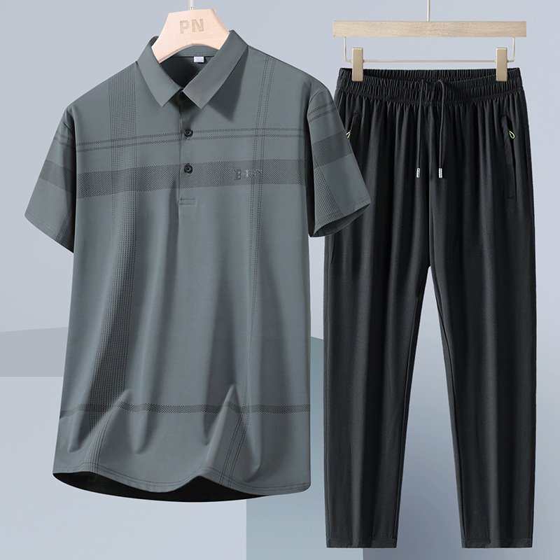 Papá con set de verano de dos piezas para hombre hielo delgado de manga corta suelta set casual de mediana edad pantalones secos rápidos