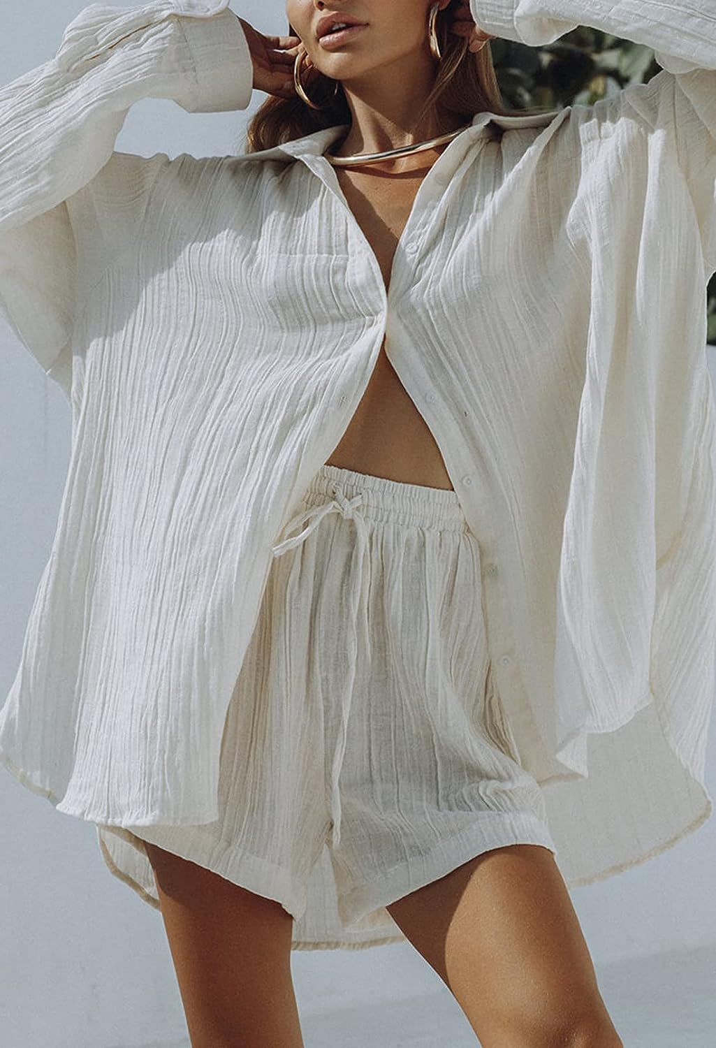 European American Style Women's Casual Two-Piece Set 2023 Summer New Long Sleeve Shirt Top And Shorts Sports Suit_ecoleips.com