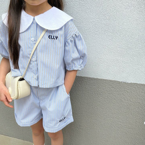 Korean summer girls' T-shirt  new striped letter lapel short-sleeved top cardigan girl baby children's clothing