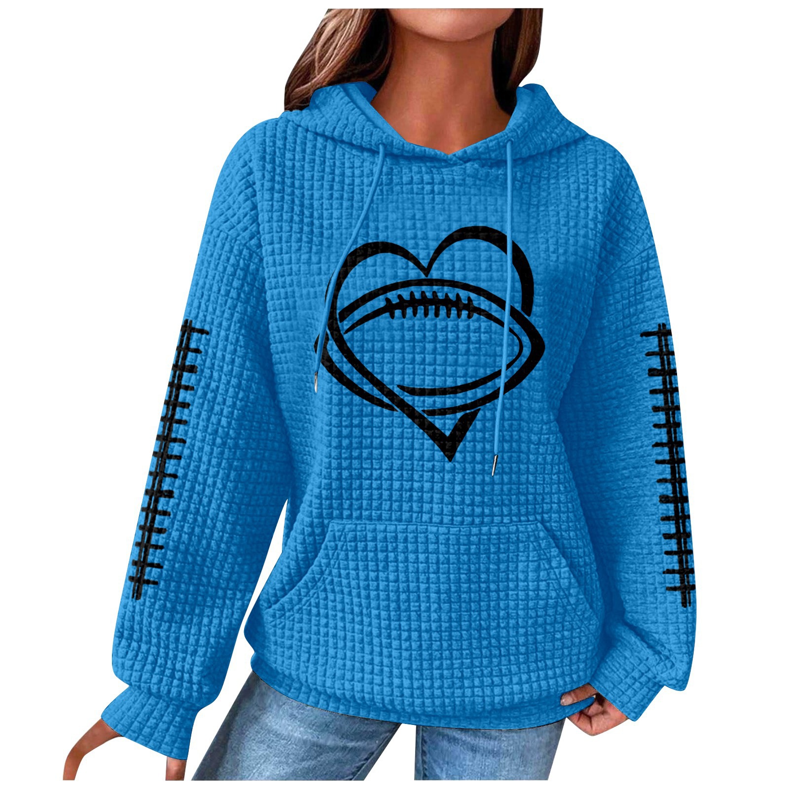Women's Rugby Hoodie Waffle Knit Pullover Sweatshirt Print_voghion.com