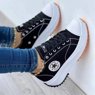 Foreign Trade 2025 Spring New Low-Top Flats for Women Thick-Soled Round-Toe Canvas Shoes Platform Sole Lace-Up Large Size Women's Shoes