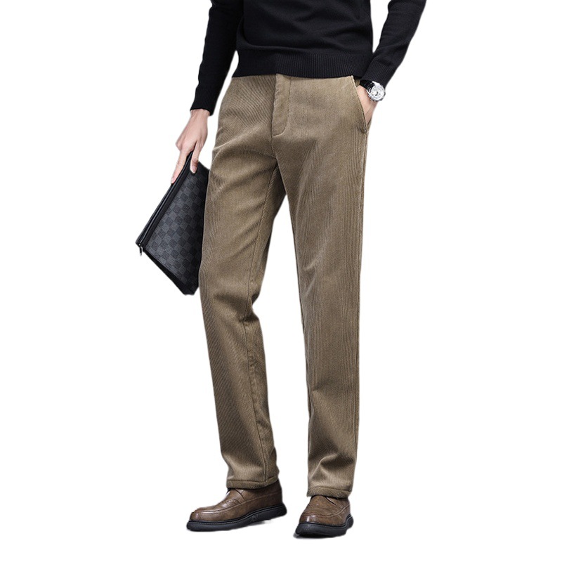 Pantalones casuales de negocios ligeros de pana de alta calidad pantalones de traje de otoño e invierno para hombres pantalones de hombre forrados de lana engrosados de mediana edad y ancianos