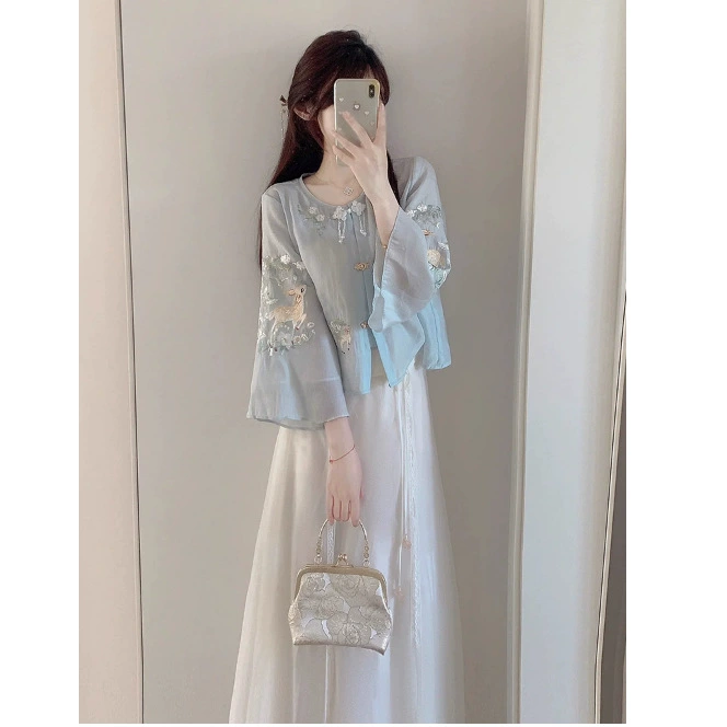 Hanfu set for adults, Chinese style - blue skirt design, sizes S–XL (waist 85–130 cm)