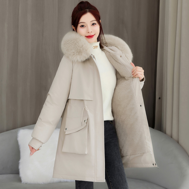 2025 invierno nuevo espessado para superar la cintura femenina delgada con capuzas cuello de cabello grande una chaqueta de algodón de terciopelo de moda