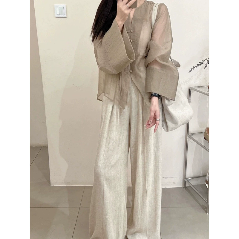 Новая китайская женская одежда, стильный костюм в стиле дзен, стильный и высококачественный двухкомпонентный комплект, новинка лета 2025 года