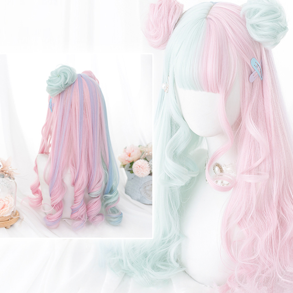 Synthetische pruik Zacht meisje Dames Kleurrijk Volledige pony cosplay Lolita Lang krullend haar_voghion.com