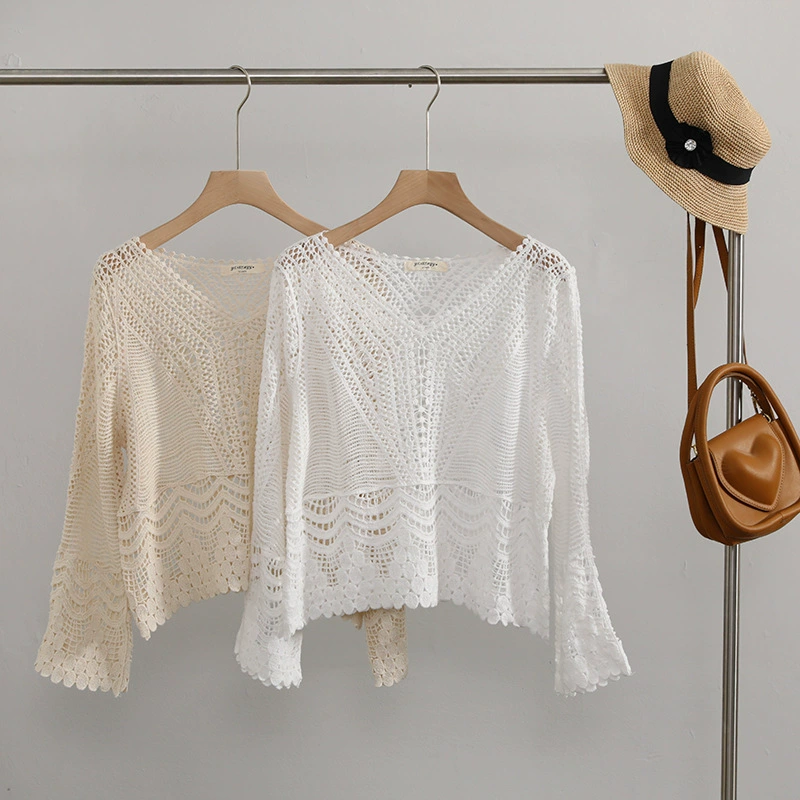 Summer thin knitted long-sleeve, V-neckline, sun protection, oversize