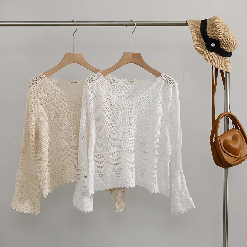 Summer thin knitted long-sleeve, V-neckline, sun protection, oversize