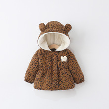 童装女童外套冬季加厚加绒儿童女宝宝卡通豹纹连帽中长款保暖外衣