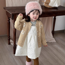 麦田季女童立体钩花韩版毛衣开衫秋冬新款儿童洋气针织外套上衣