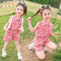 Children's Summer Set 2024 Fashion Little Girl Sports Style Full Print Bear Work Shorts Two-Piece Set