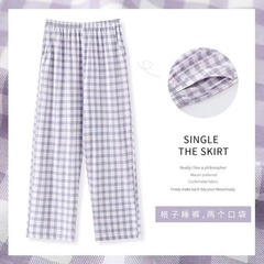 新疆綿の女性の夏の純綿紫色のチェック柄パジャマ、薄い伸縮性のある和風のゆったりとしたカジュアルな多用途のウェアラブルホームパンツ