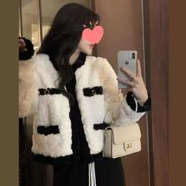 2025女秋冬新款仿羊羔毛撞色短款外套女小香风毛茸茸短款上衣跨境