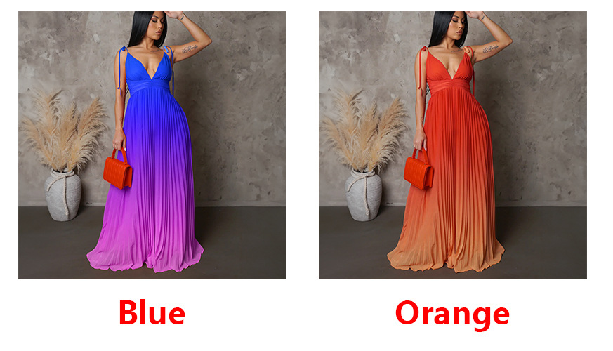 D403 Cross-Border Summer Strapless Backless Sexy Tie Gradient Color Long Dress Foreign Trade Gown_voghion.com