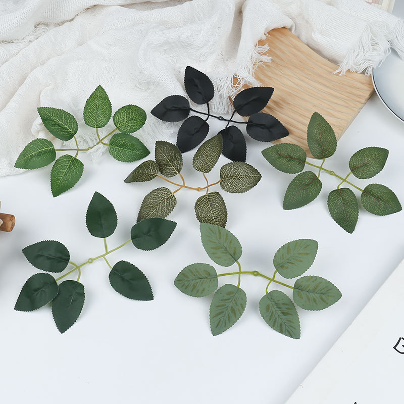 人造diy手工花环配件半成品仿真绿植树叶黑色仿真六叉六叶玫瑰叶