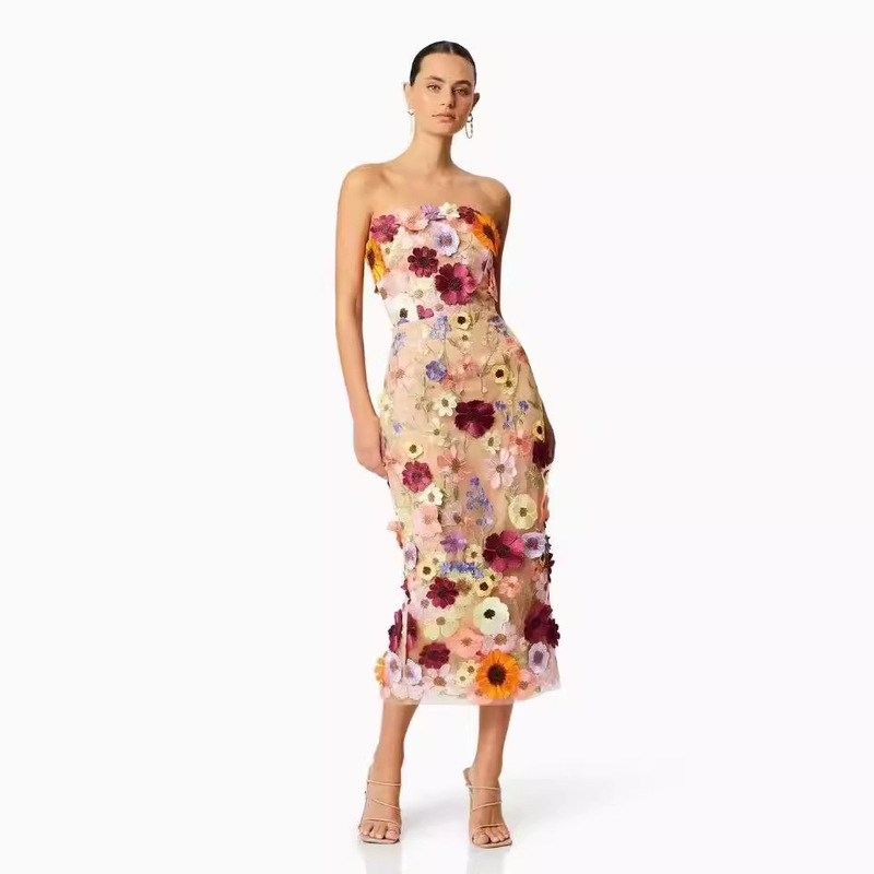 2025 spring European and American sexy sleeveless color three-dimensional flower embroidery slim hip tube dress midi dress