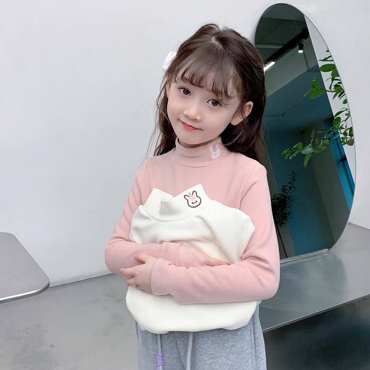 Girls‘ Bunny Print Turtle Neck Long Sleeve Top | Soft & Warm Brushed Thermal Kids Shirt For Fall & Spring | Sizes 110-160cm_voghion.com