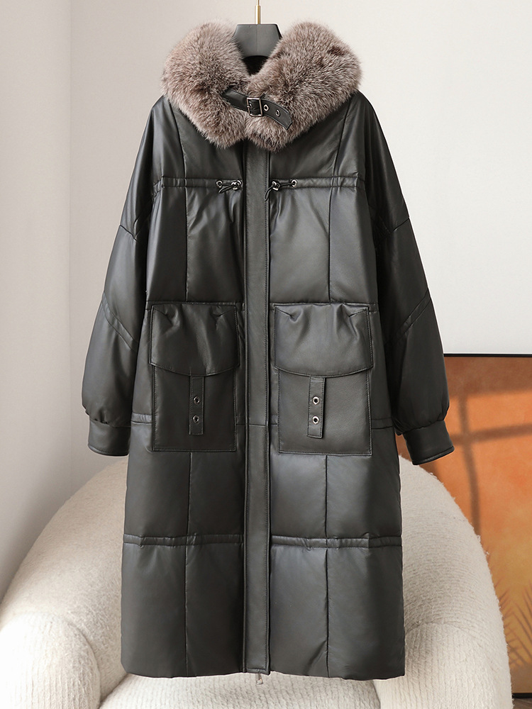 Haining piel de oveja chaqueta de plumón de piel de oveja para mujeres terciopelo largo grueso calentamiento cuello de pelo de zorro abrigo de piel suelta para mujeres