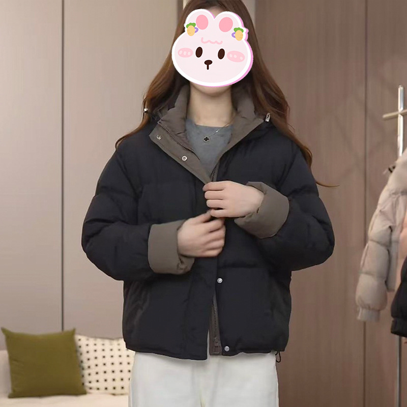 设计感撞色拼接棉服女2025冬季韩系连帽简约百搭通勤休闲保暖棉衣
